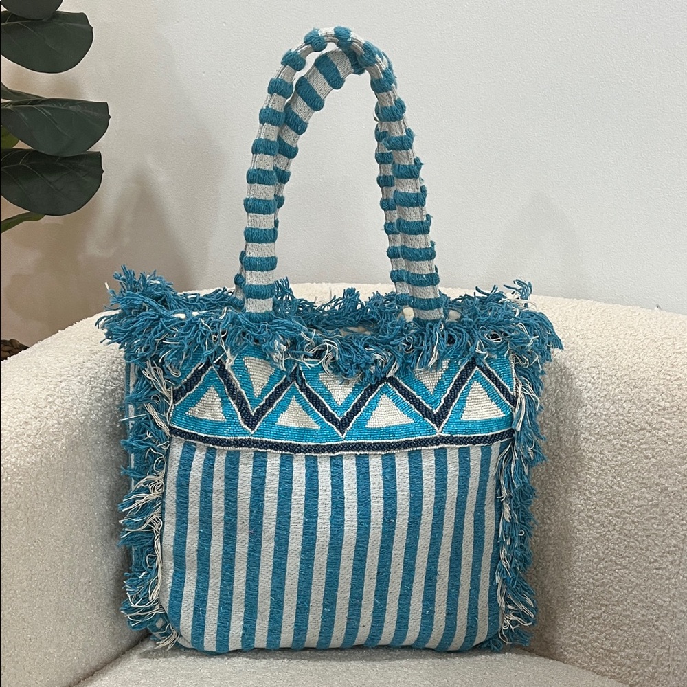 NEW Antik Kraft Blue Striped Beach / Spring Break Tote Bag Made in India